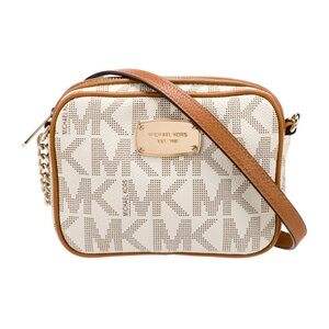 Michael Kors Jet Set Monogram Logo Beige Cream Brown Gold Chain Crossbody Bag